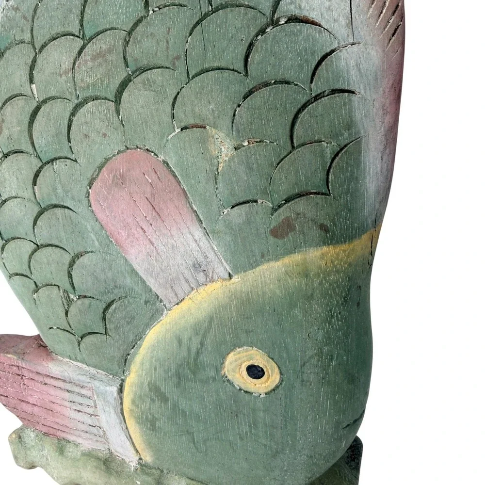 Vintage Large Hand Carved Wooden‎ Fish Sculpture Folk Art Nautical Decor